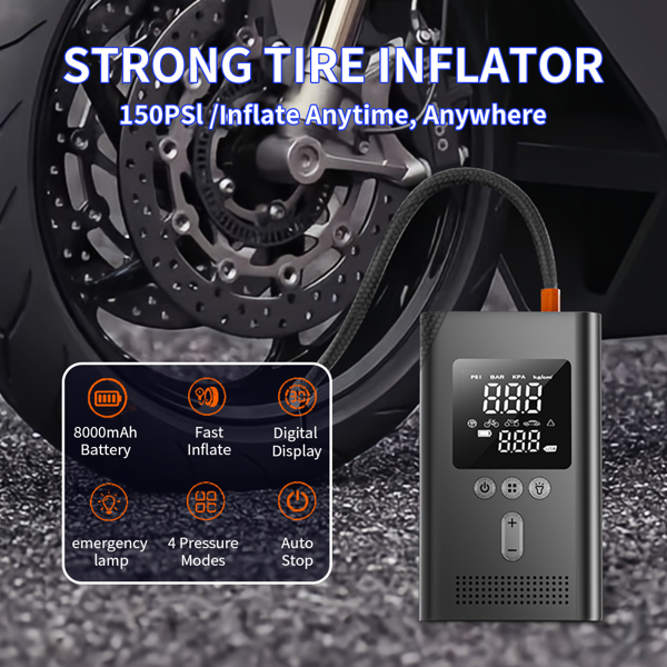 8,000mAh battery, auto-stop, digital display and emergency light