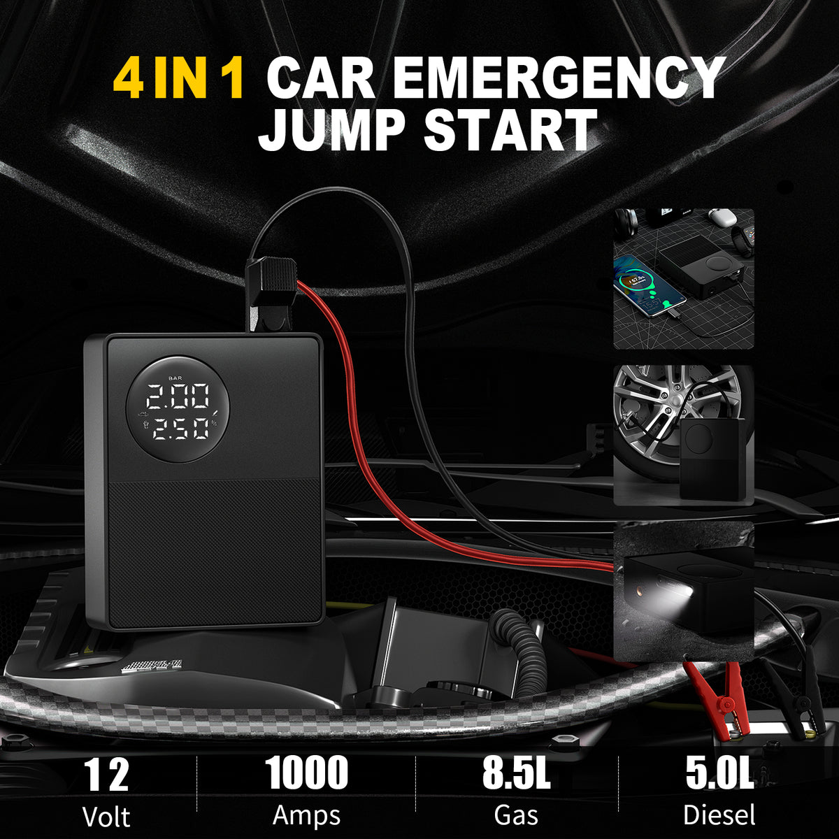 Jump starter connected to a car battery