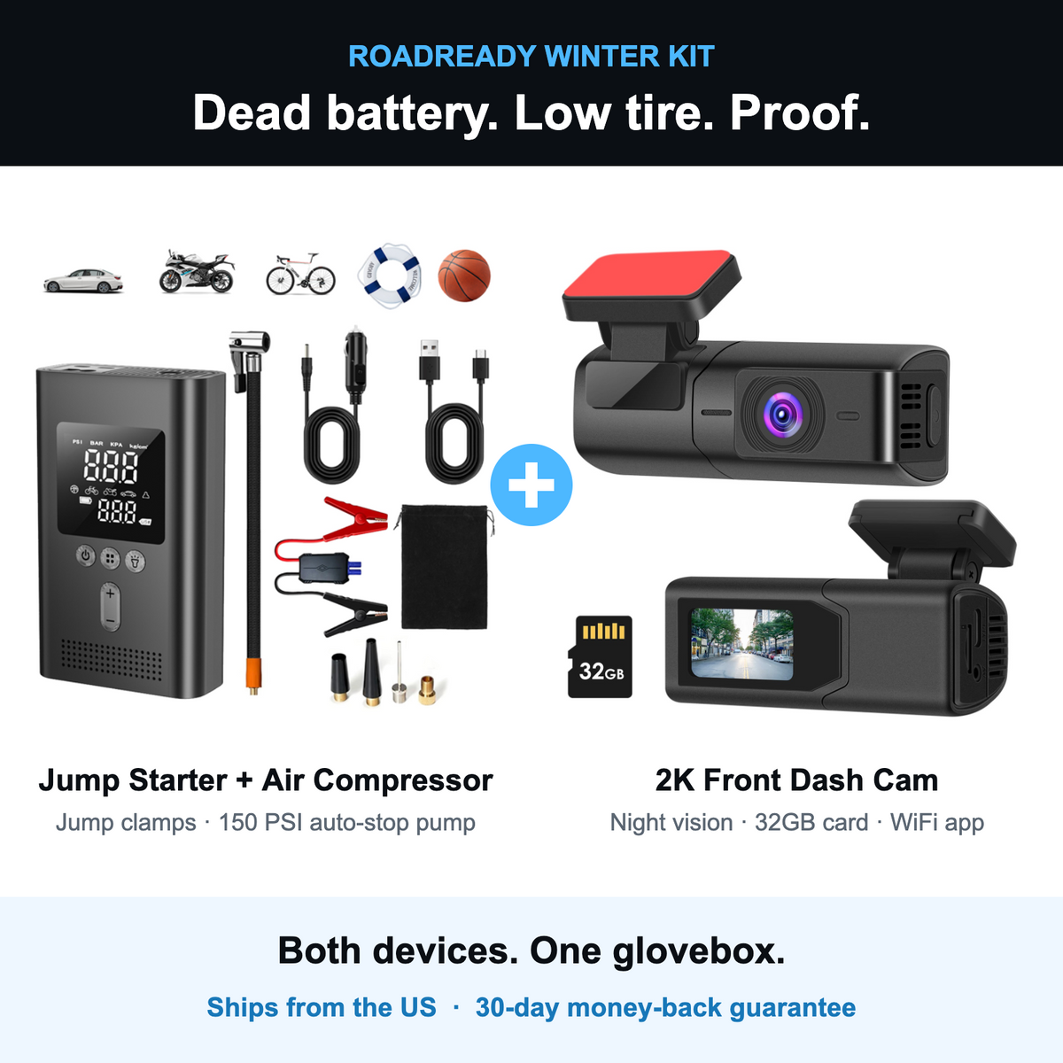RoadReady Winter Kit: jump starter with air compressor plus 2K front dash cam